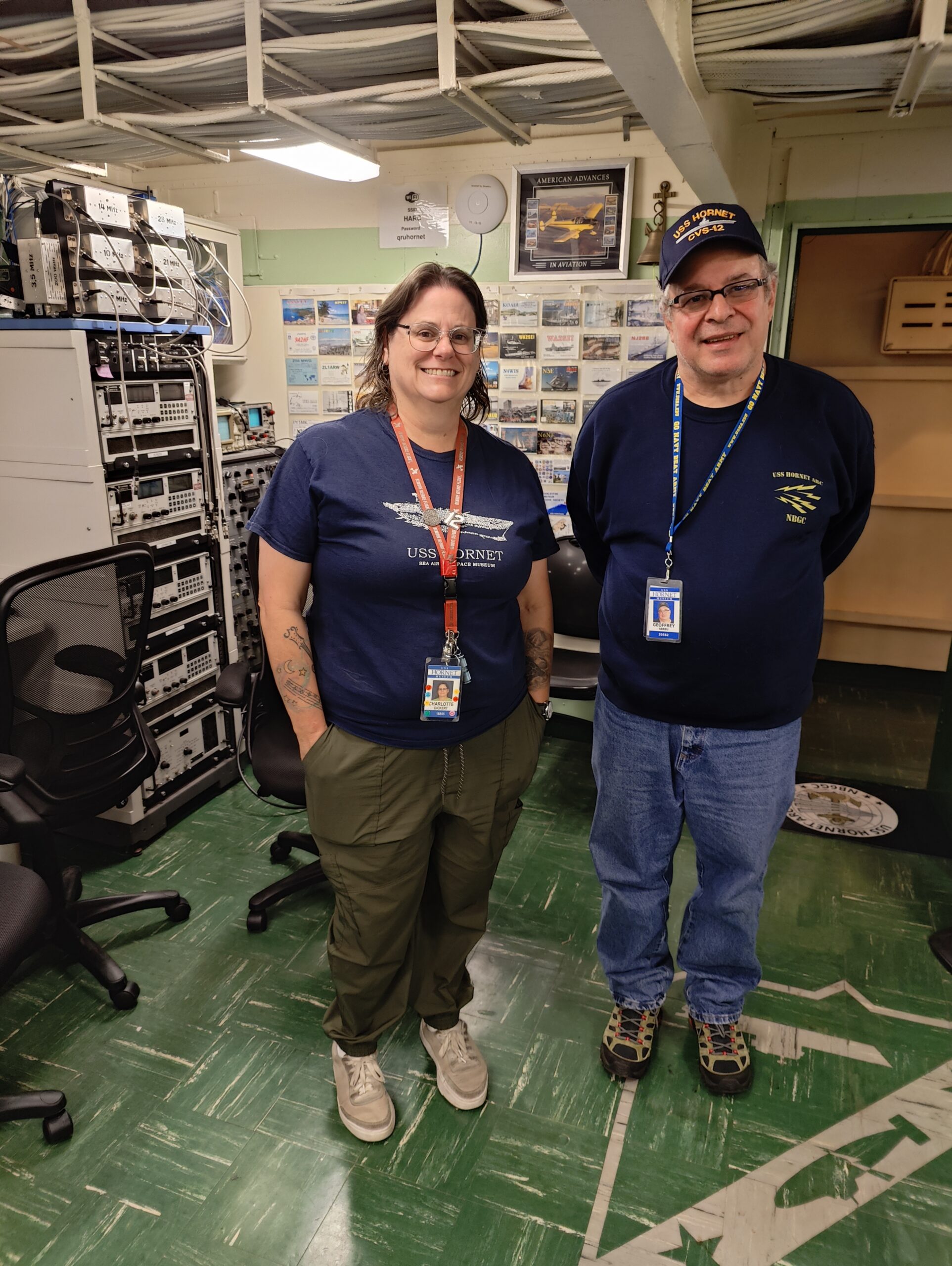 Charlotte Dickert, Director of Institutional Advancement at the USS Hornet Sea, Air & Space Museum (left) and Geoff Abreu K6ERA, President of the Hornet Amateur Radio Club (HARC)