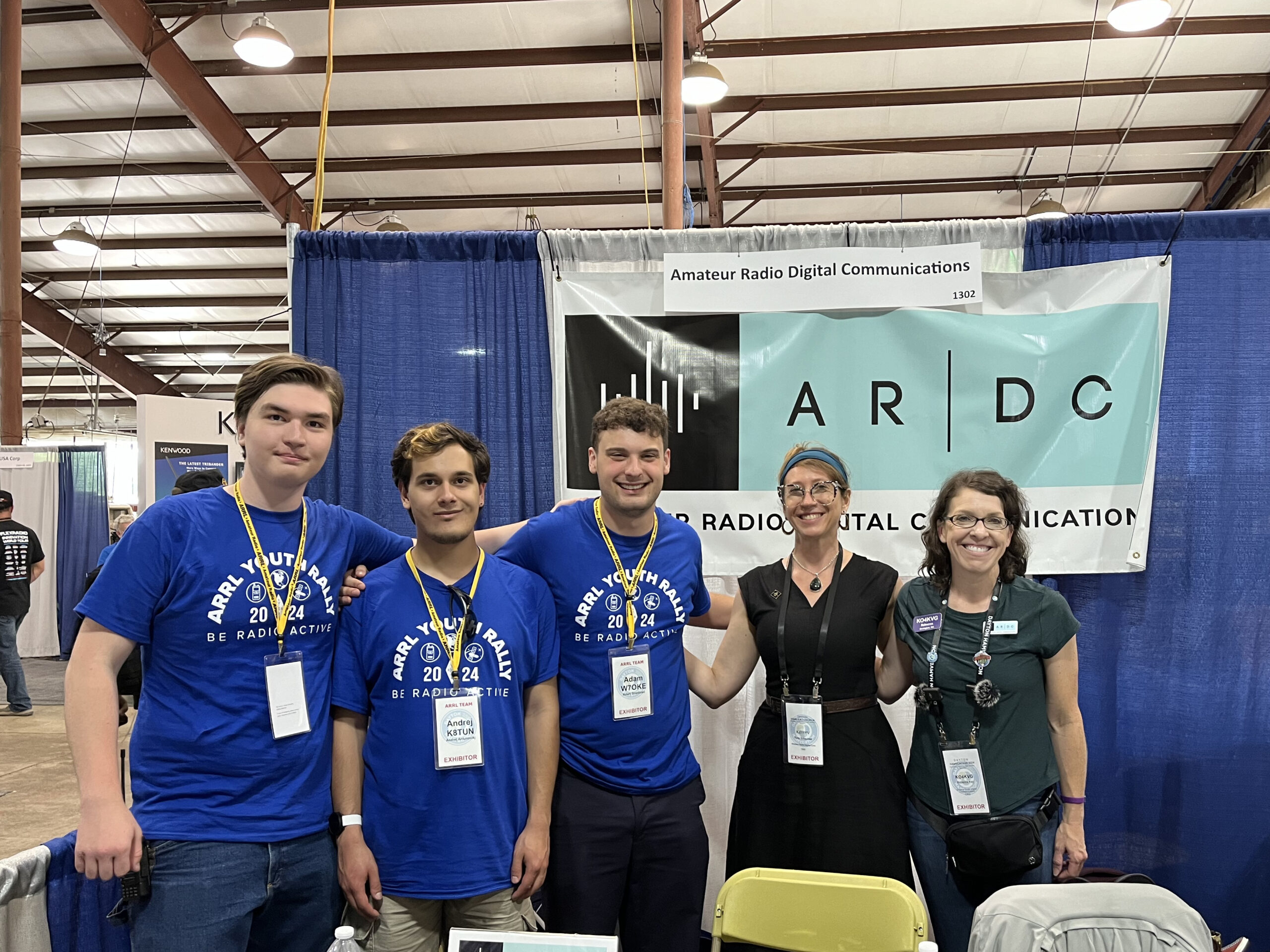 Case Western Amateur Radio Club (W8EDU) grantees / ARRL Youth Rally Team members at the ARDC Booth, Hamvention 2024. L to R: Ruslan Gindullin (KE8ZCA / R9WFW), Andrej Antunovikj (K8TUN), Adam Goodman (W7OKE), Rosy Schechter (KJ7RYV), Rebecca Key (KO4KVG).